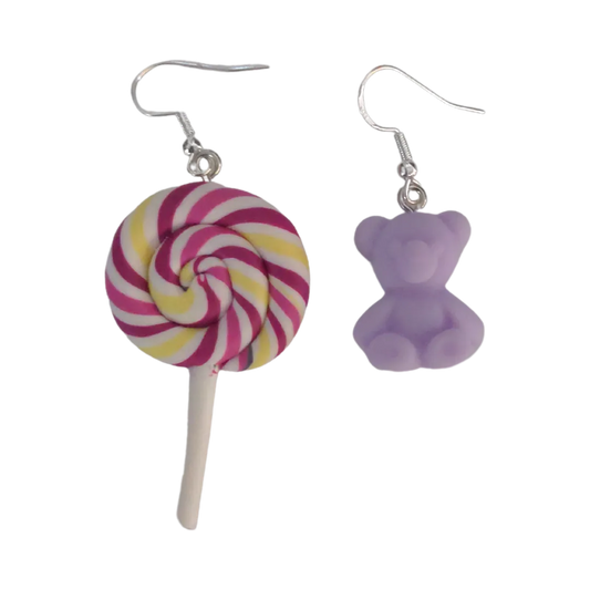 Earrings - Mismatched gummy bear and Lollipop on silver Hook