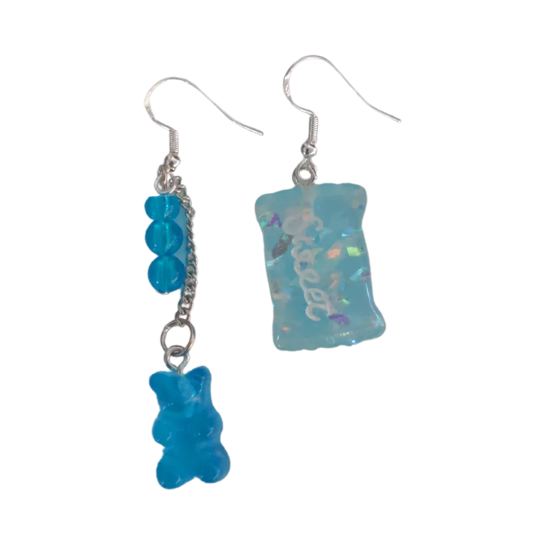 Earrings - Mismatched gummy bear on silver chain and sweet candy on Hook