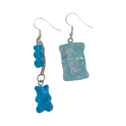 Earrings - Mismatched gummy bear on silver chain and sweet candy on Hook