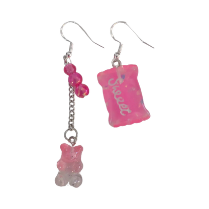 Earrings - Mismatched gummy bear on silver chain and sweet candy on Hook