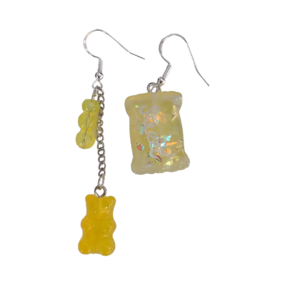 Earrings - Mismatched gummy bear on silver chain and sweet candy on Hook