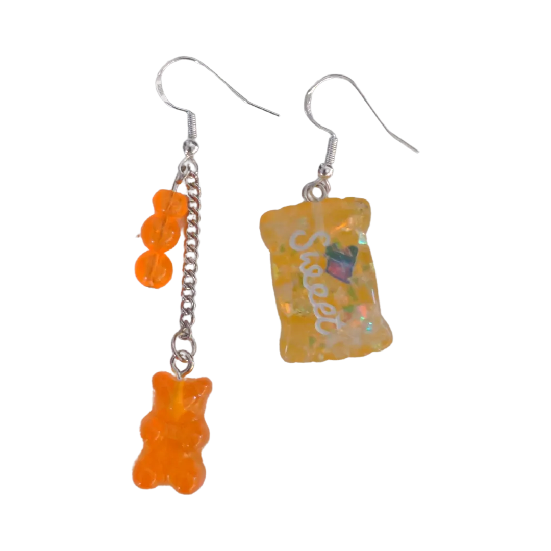 Earrings - Mismatched gummy bear on silver chain and sweet candy on Hook