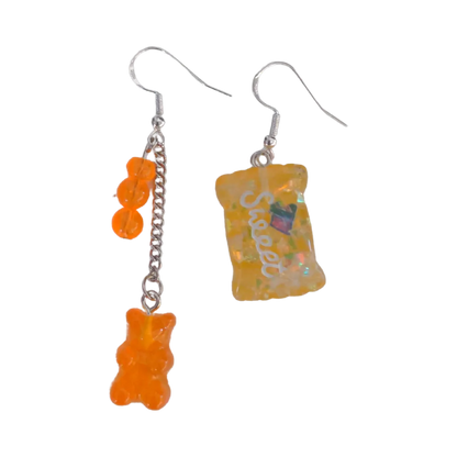 Earrings - Mismatched gummy bear on silver chain and sweet candy on Hook