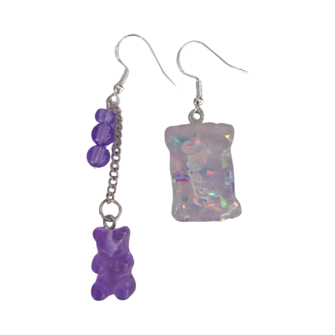 Earrings - Mismatched gummy bear on silver chain and sweet candy on Hook