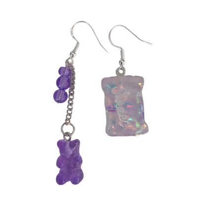 Earrings - Mismatched gummy bear on silver chain and sweet candy on Hook