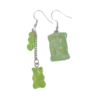 Earrings - Mismatched gummy bear on silver chain and sweet candy on Hook