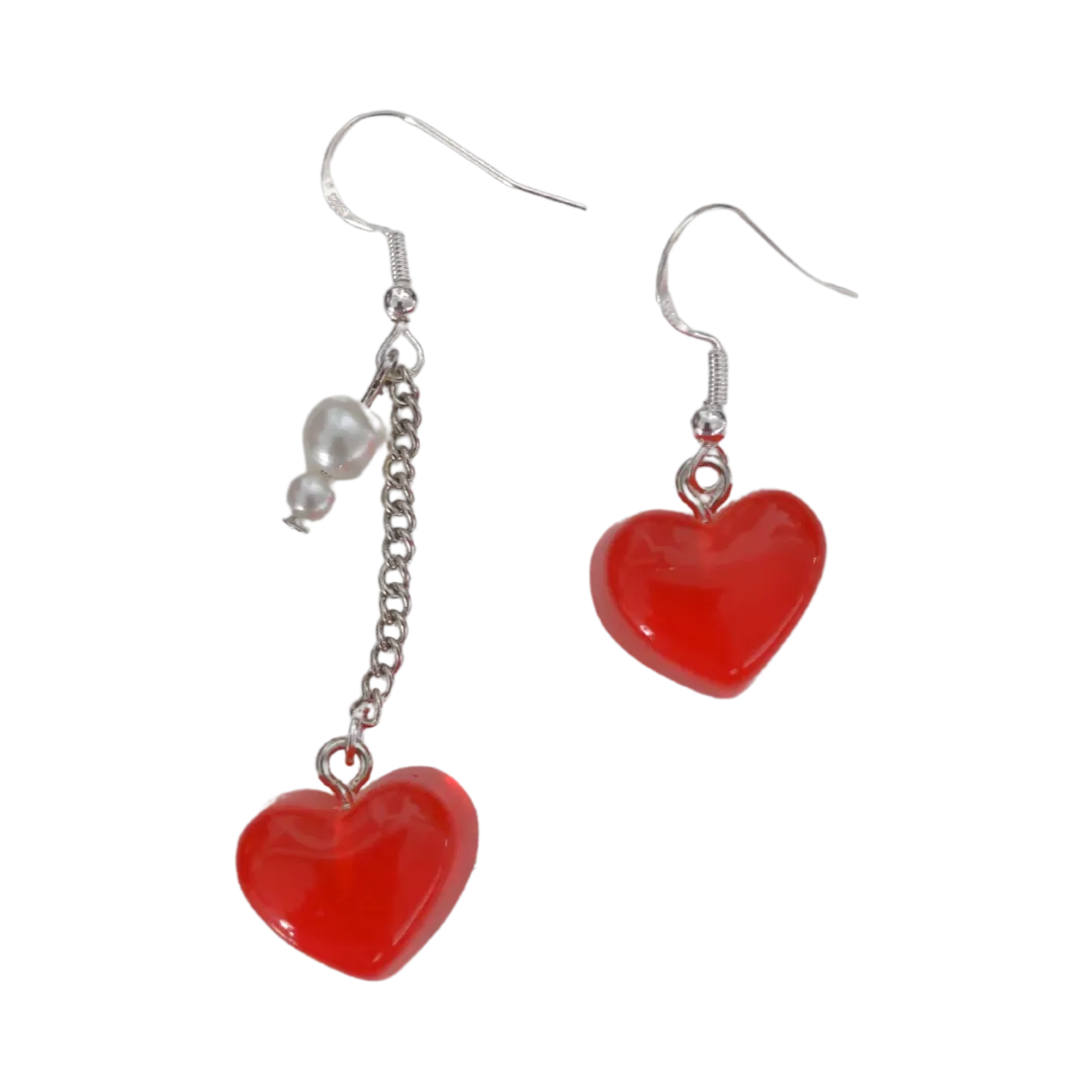 Earrings - Mismatched gummy heart on silver chain with pearl beads on silver hook