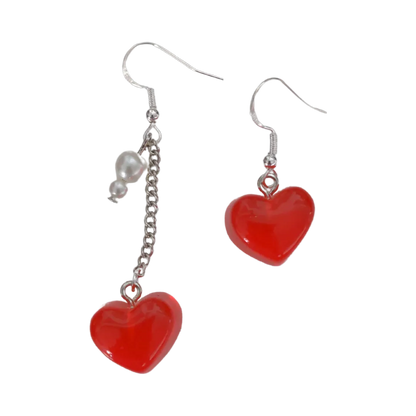 Earrings - Mismatched gummy heart on silver chain with pearl beads on silver hook