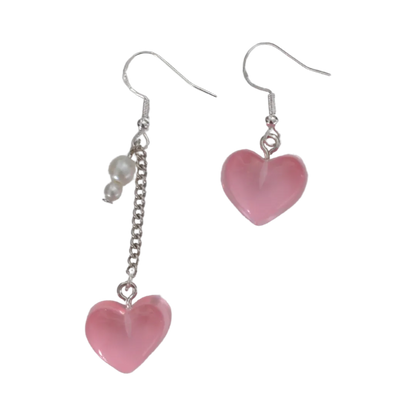 Earrings - Mismatched gummy heart on silver chain with pearl beads on silver hook