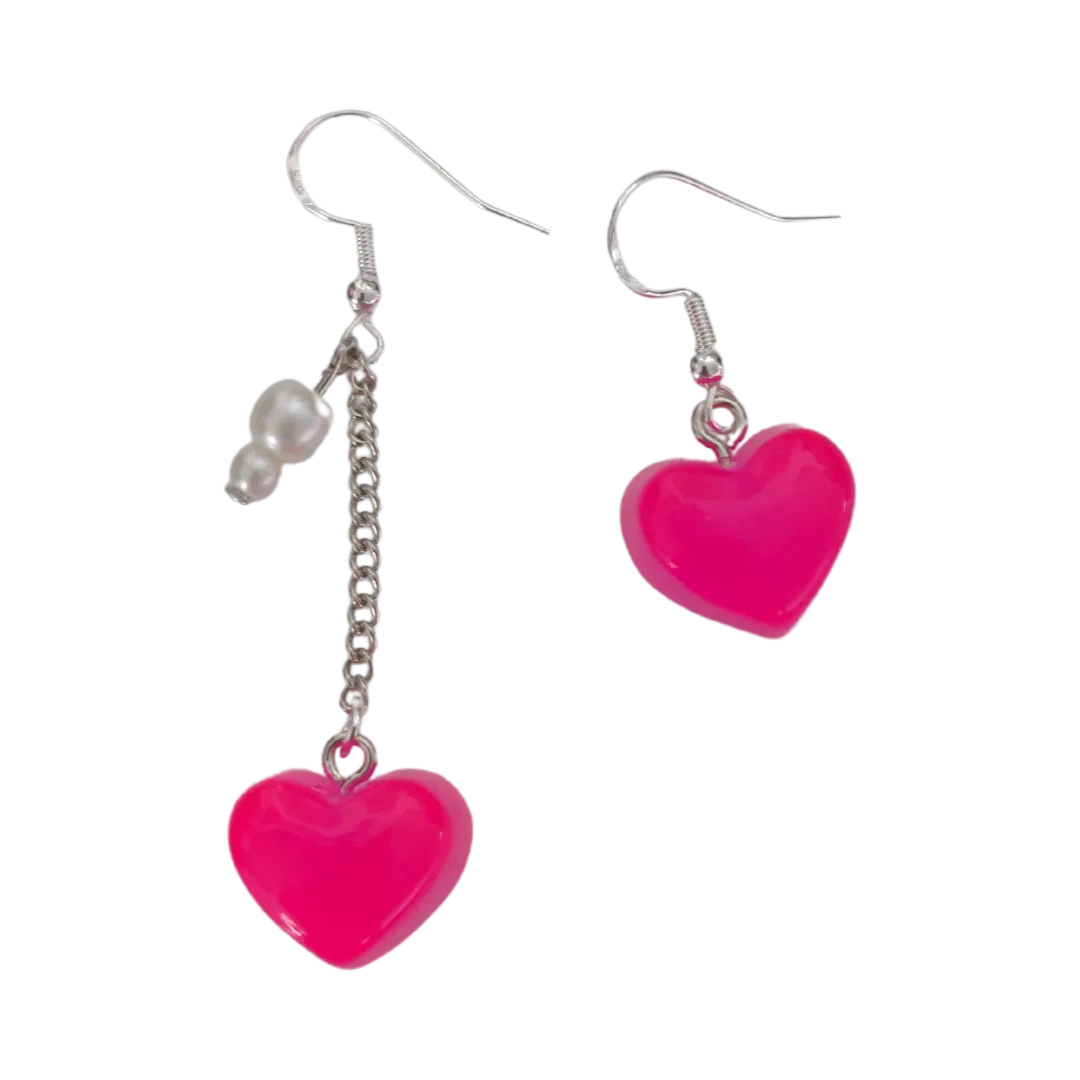 Earrings - Mismatched gummy heart on silver chain with pearl beads on silver hook