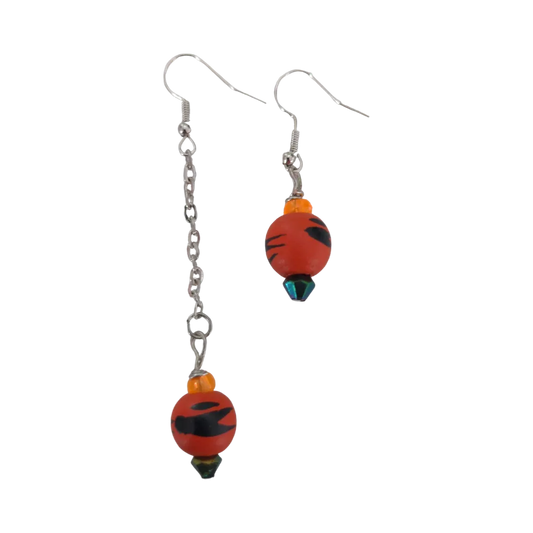 Earrings - Mismatched Silver Chain, Wood and Acrylic Beads on Hook