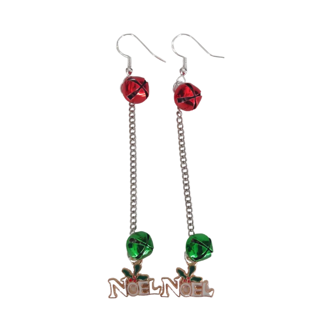 Earrings - Noel with Two Jingle Bells on Silver Chain Drop Hook