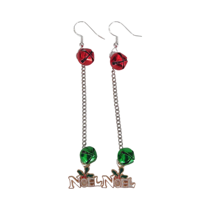 Earrings - Noel with Two Jingle Bells on Silver Chain Drop Hook