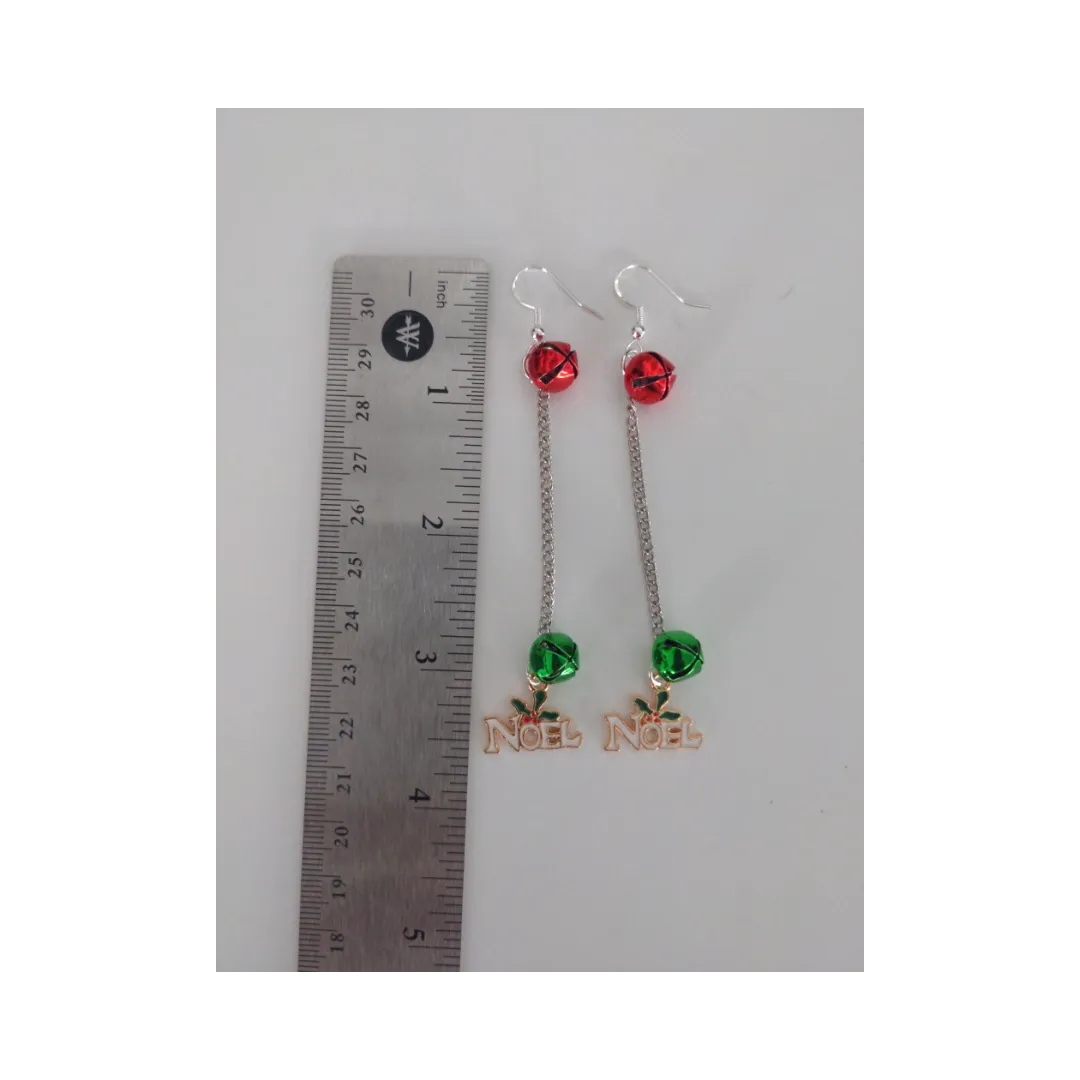 Earrings - Noel with Two Jingle Bells on Silver Chain Drop Hook