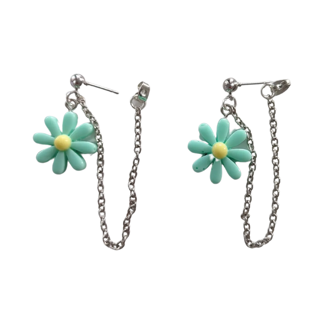 Earrings - Paris daisy flower with silver chain on silver ball post stud earring stud