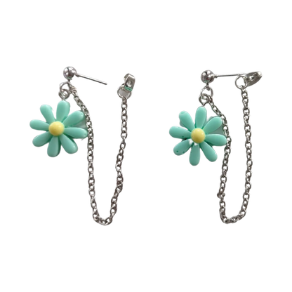 Earrings - Paris daisy flower with silver chain on silver ball post stud earring stud