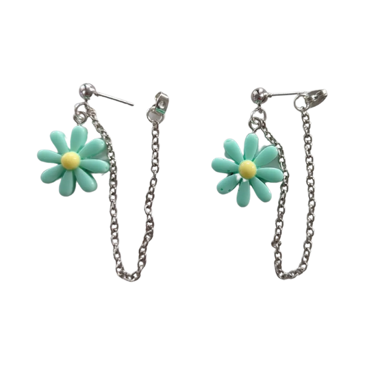 Earrings - Paris daisy flower with silver chain on silver ball post stud earring stud