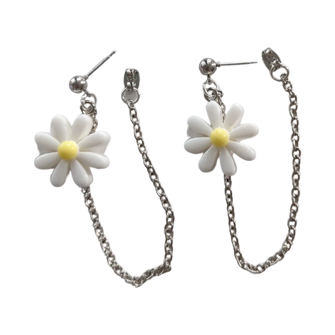 Earrings - Paris daisy flower with silver chain on silver ball post stud earring stud