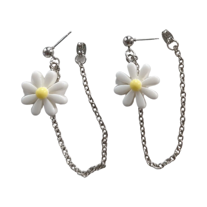 Earrings - Paris daisy flower with silver chain on silver ball post stud earring stud