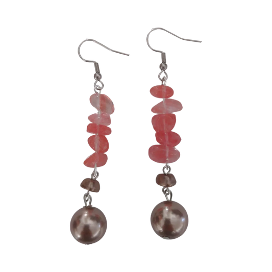 Earrings - Pink crystal bead and silver tan bead on silver hook