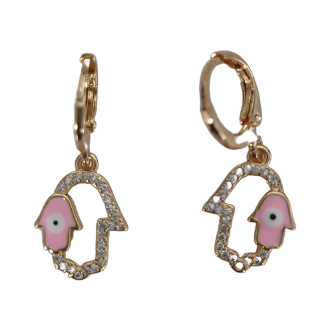 Earrings - Pink Evil eye pattern rhinestone gold hand drop