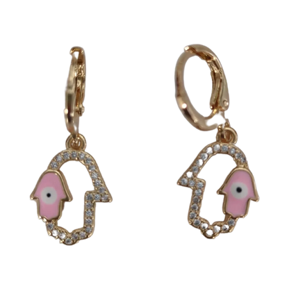 Earrings - Pink Evil eye pattern rhinestone gold hand drop