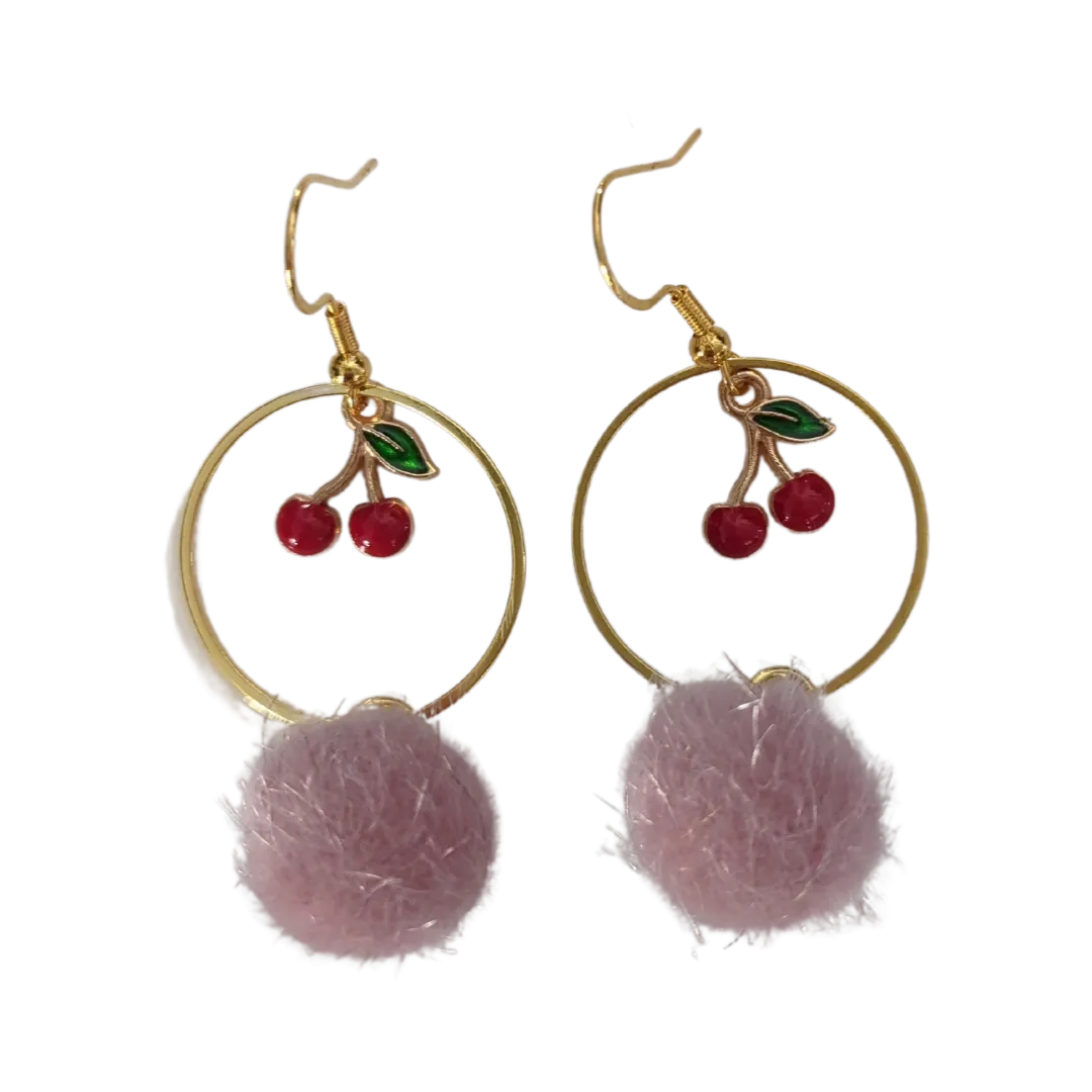 Earrings - Pompom with cherries and circle on gold hook