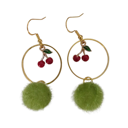 Earrings - Pompom with cherries and circle on gold hook