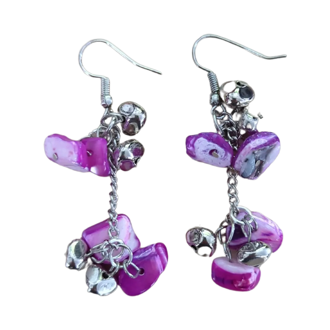 Earrings - Purple and silver beads on silver chain on silver hook