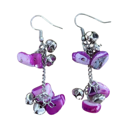 Earrings - Purple and silver beads on silver chain on silver hook