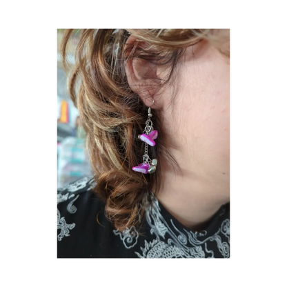 Earrings - Purple and silver beads on silver chain on silver hook