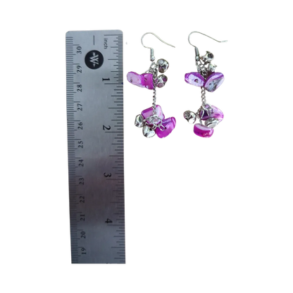 Earrings - Purple and silver beads on silver chain on silver hook