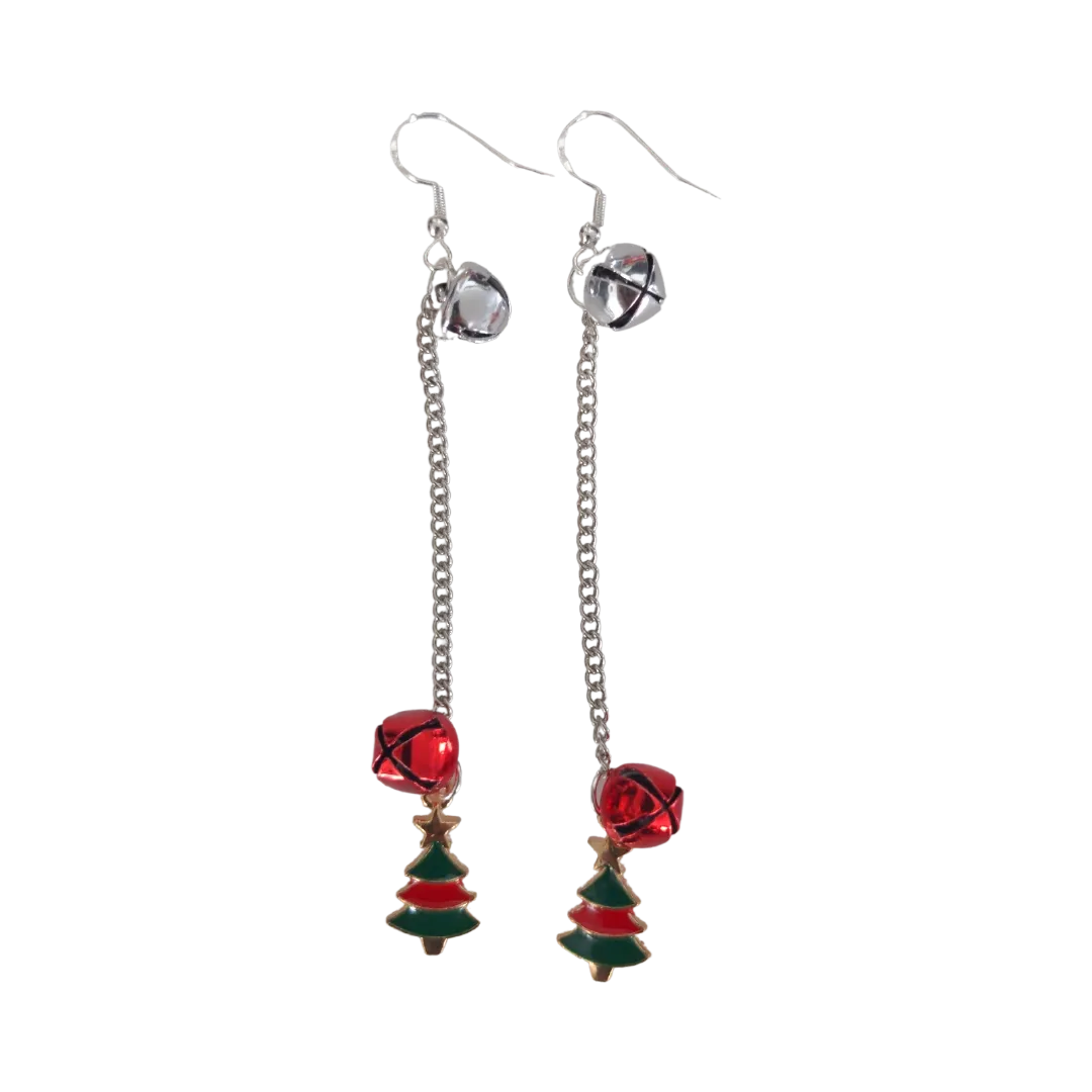 Earrings - Red and Green Christmas Tree with Two Jingle Bella on Silver Chain Drop Hook