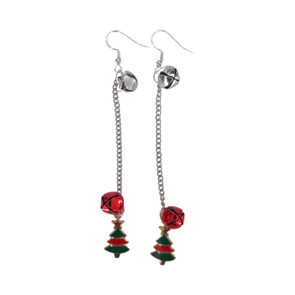 Earrings - Red and Green Christmas Tree with Two Jingle Bella on Silver Chain Drop Hook