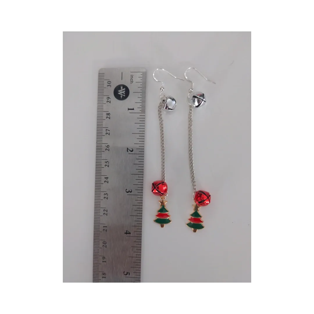 Earrings - Red and Green Christmas Tree with Two Jingle Bella on Silver Chain Drop Hook