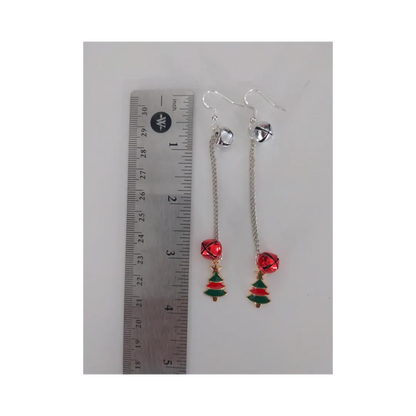 Earrings - Red and Green Christmas Tree with Two Jingle Bella on Silver Chain Drop Hook