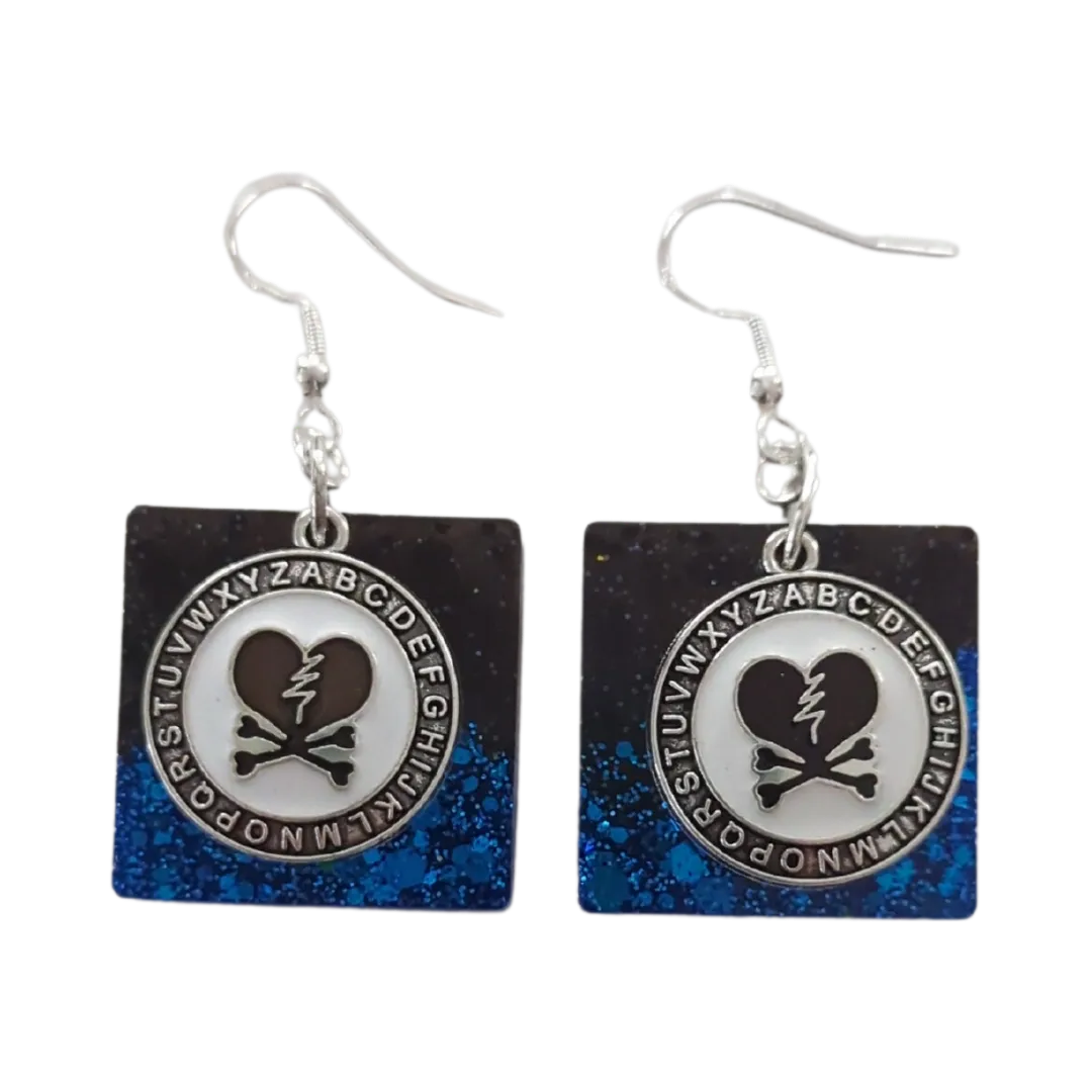 Earrings - Resin black and blue square with broken heart charm on silver hook