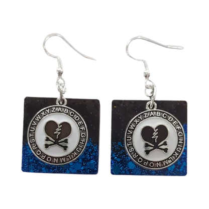 Earrings - Resin black and blue square with broken heart charm on silver hook