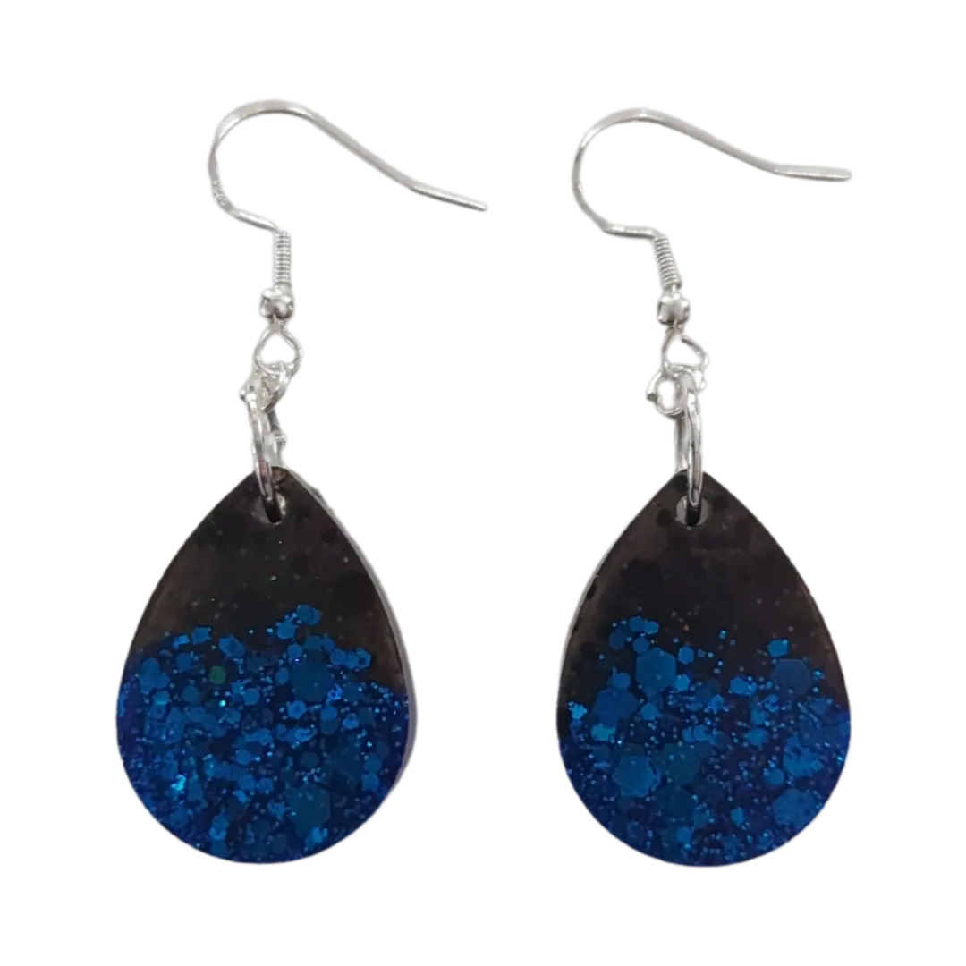 Earrings - Resin black and blue teardrop on silver hook