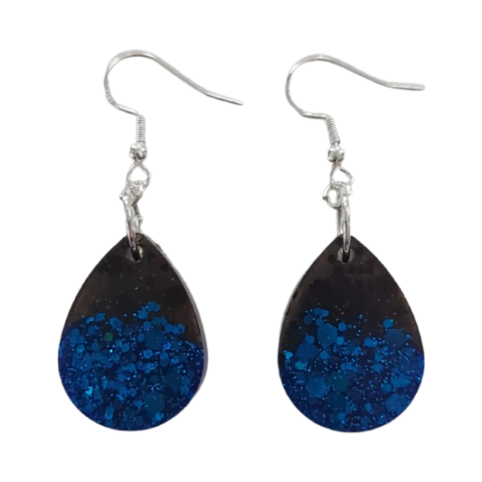 Earrings - Resin black and blue teardrop on silver hook