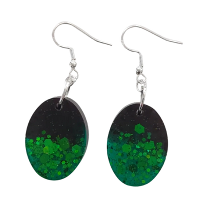 Earrings - Resin black and green oval on silver hook