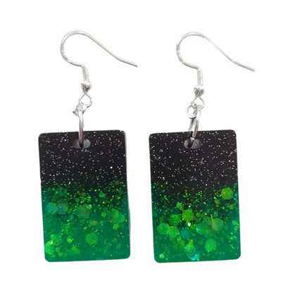 Earrings - Resin Black and green rectangle on silver hook