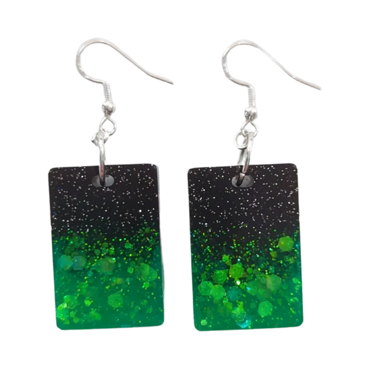 Earrings - Resin Black and green rectangle on silver hook