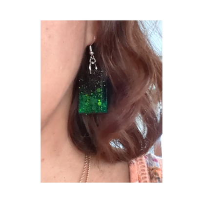 Earrings - Resin Black and green rectangle on silver hook