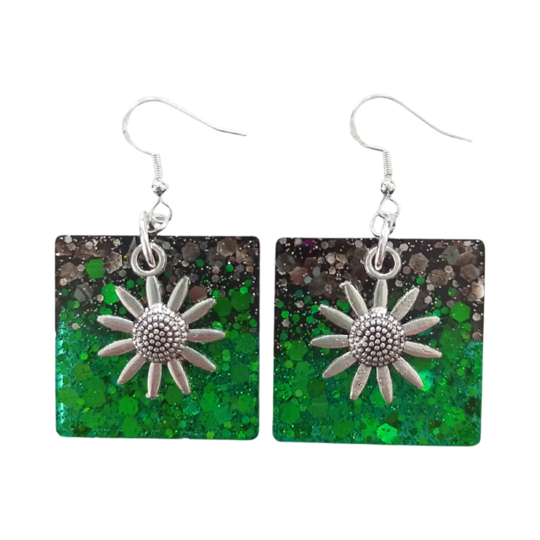 Earrings - Resin black and green square with silver flower charm on hook