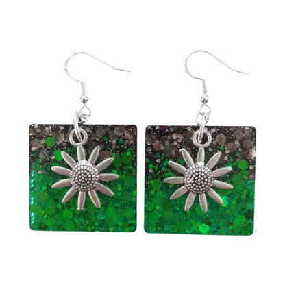 Earrings - Resin black and green square with silver flower charm on hook