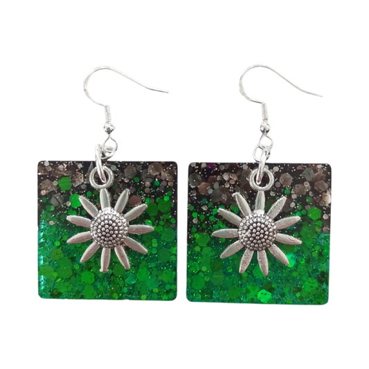 Earrings - Resin black and green square with silver flower charm on hook