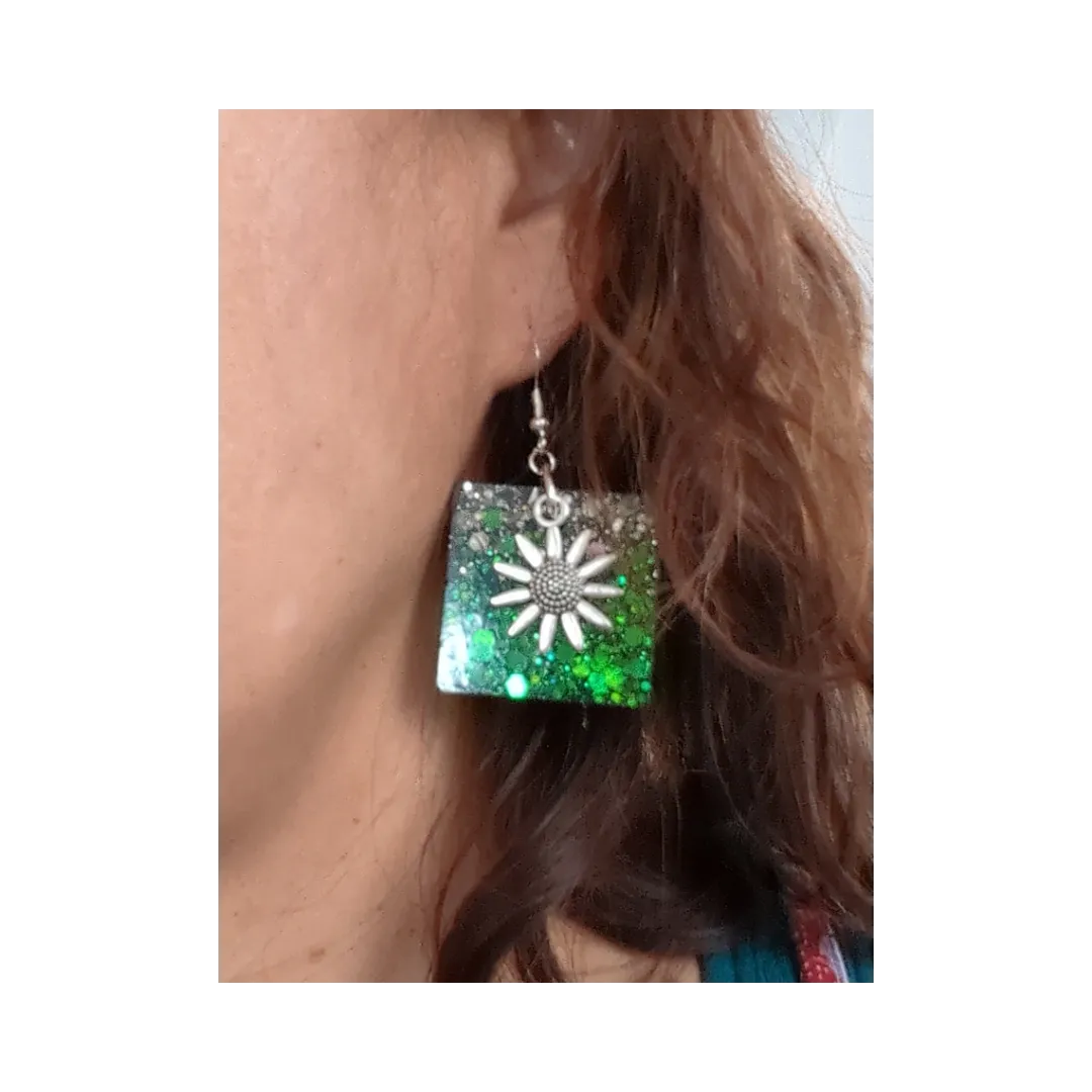 Earrings - Resin black and green square with silver flower charm on hook