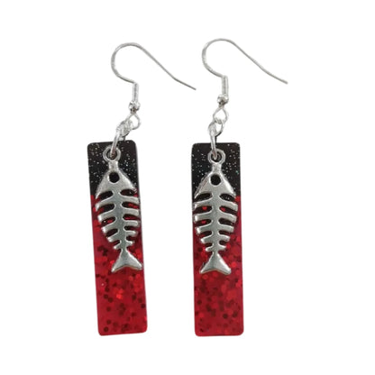 Earrings - Resin black and red rectangle with silver fish scale on silver hook