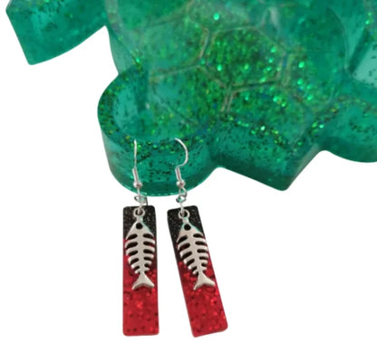 Earrings - Resin black and red rectangle with silver fish scale on silver hook